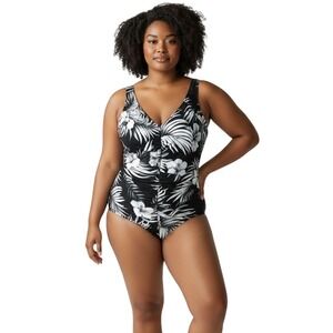Le Cove Plus Size 24W One Piece Swimsuit Black White Tropical Ruched Front 478